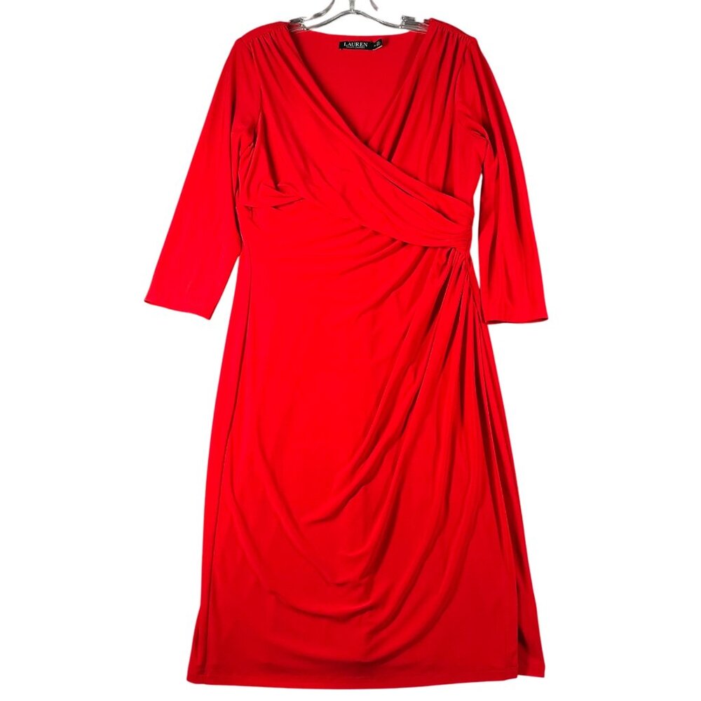 Lauren Ralph Lauren‎ Womens 14 Red Faux Wrap Crossover V-Neck Below Knee Dress
